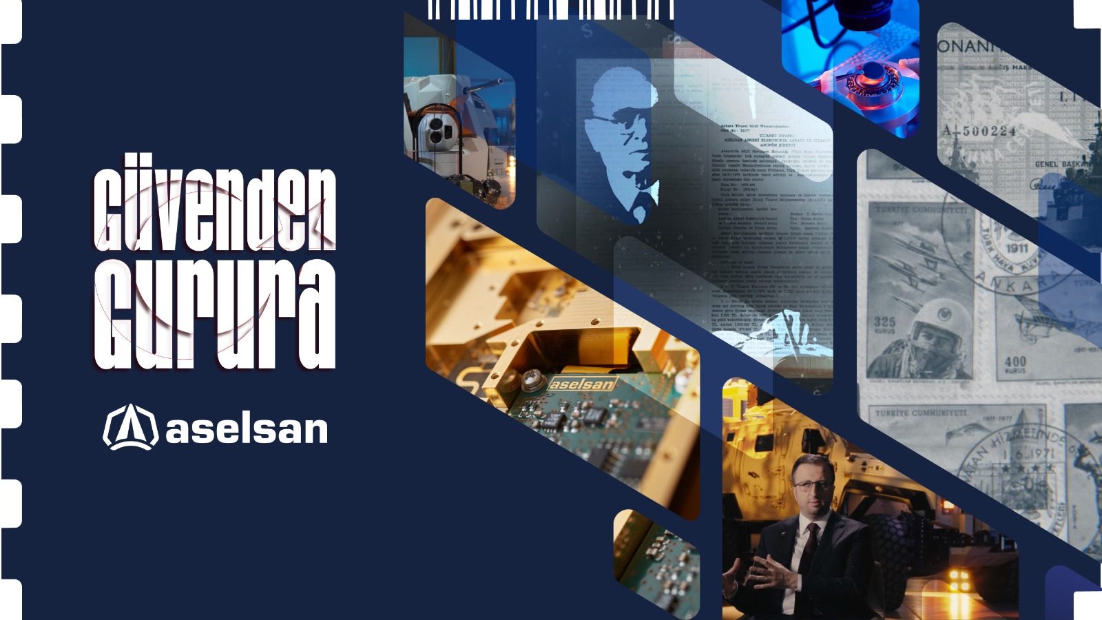 ASELSAN Güvenden Gurura belgeseli tanıtım afişinde arşiv fotoğrafları film şeridi kompozisyonu