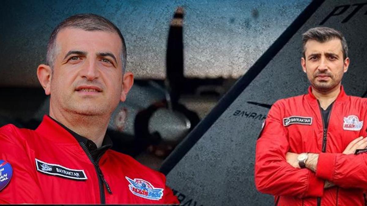 Baykar CTO Selçuk Bayraktar ve CEO Haluk Bayraktar Bayraktar uçuş ceketleriyle SIHA önünde
